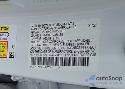 2022 Honda Accord Sport из США, поврежденный, VIN 1HGCV1F32NA023482